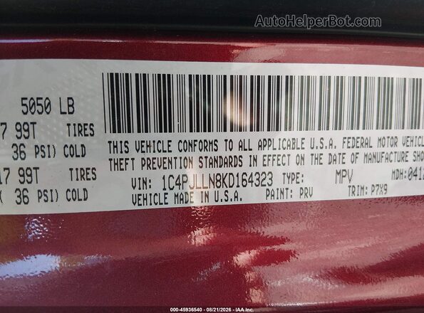 1C4PJLLN8KD164323 2019 JEEP CHEROKEE Красный Вид подкапотного пространства