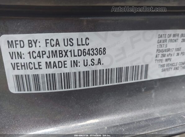 1C4PJMBX1LD643368 2020 JEEP CHEROKEE Gray Вид підкапотного простору