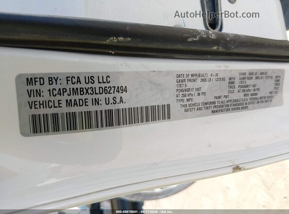 1C4PJMBX3LD627494 2020 JEEP CHEROKEE White ძრავის განყოფილების ხედი