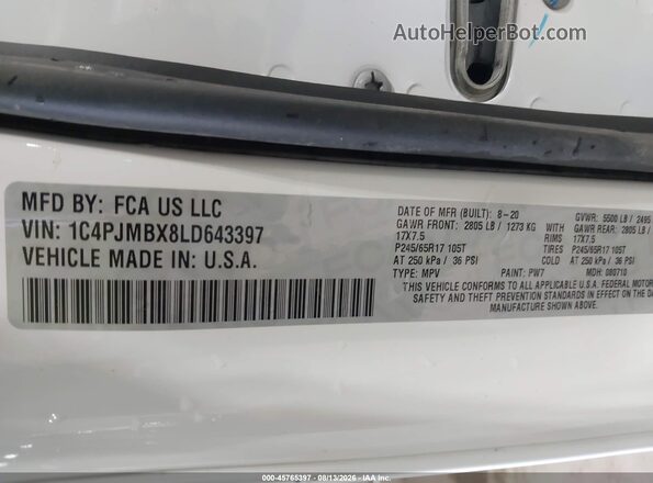 1C4PJMBX8LD643397 2020 JEEP CHEROKEE White Вид підкапотного простору