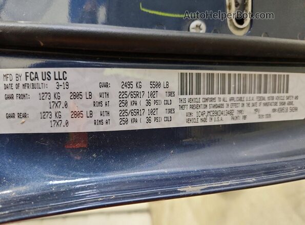 1C4PJMCB9KD413482 2019 JEEP CHEROKEE Blue Widok naklejki z numerem VIN