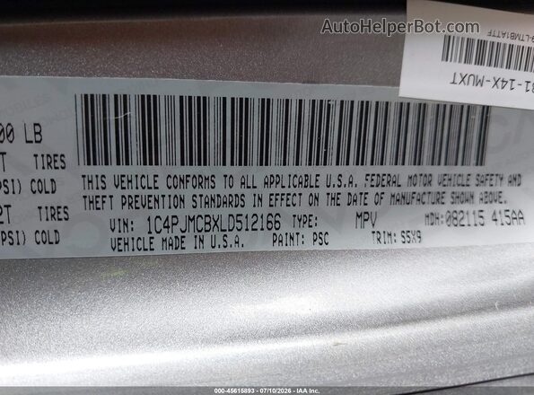 1C4PJMCBXLD512166 2020 JEEP CHEROKEE Silver ძრავის განყოფილების ხედი