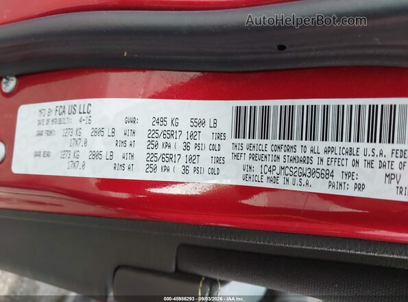 1C4PJMCS2GW305684 2016 JEEP CHEROKEE Red Շարժիչի բաժամունքի տեսք