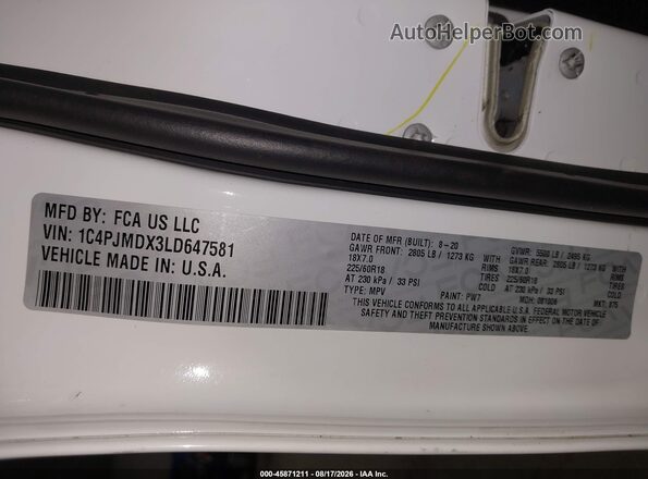 1C4PJMDX3LD647581 2020 JEEP CHEROKEE White Widok komory silnika