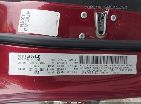 1C4PJMDX7KD377950 2019 JEEP CHEROKEE Red Widok komory silnika