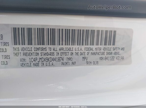 1C4PJMDX9KD441874 2019 JEEP CHEROKEE White Vista del compartimento del motor
