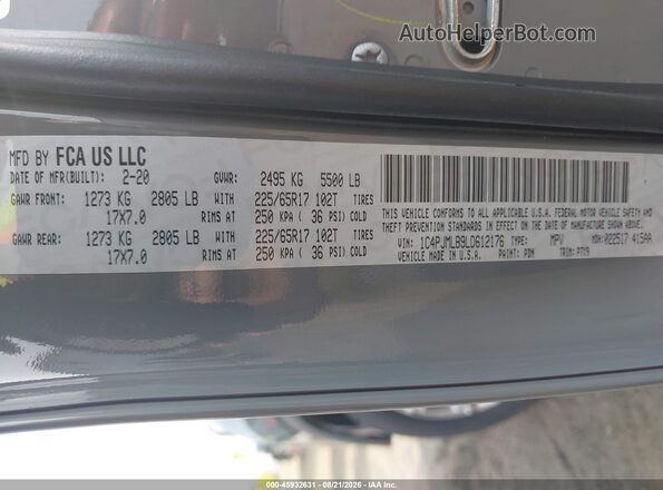 1C4PJMLB9LD612176 2020 JEEP CHEROKEE Gray Widok komory silnika