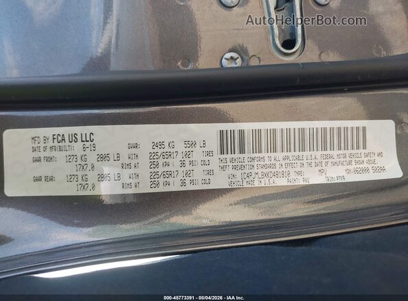 1C4PJMLBXKD481810 2019 JEEP CHEROKEE Gray Вид підкапотного простору