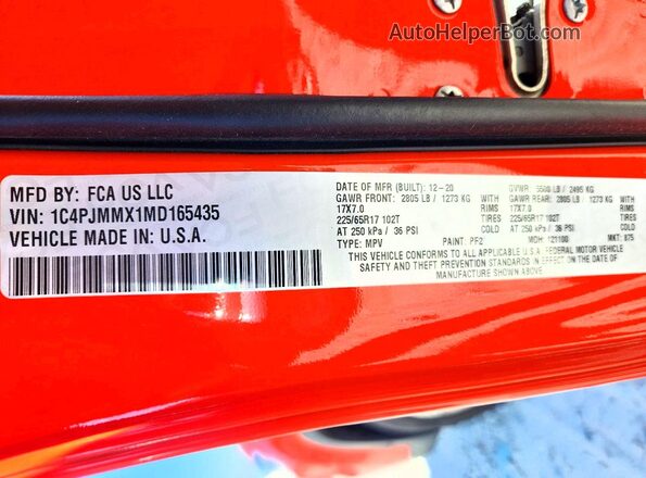 1C4PJMMX1MD165435 2021 JEEP CHEROKEE Оранжевый Вид наклейки с VIN-кодом