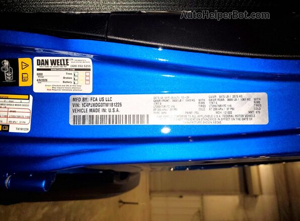 1C4PJXDG0TW181226 2026 JEEP WRANGLER Синий Панорамный вид салона 360°