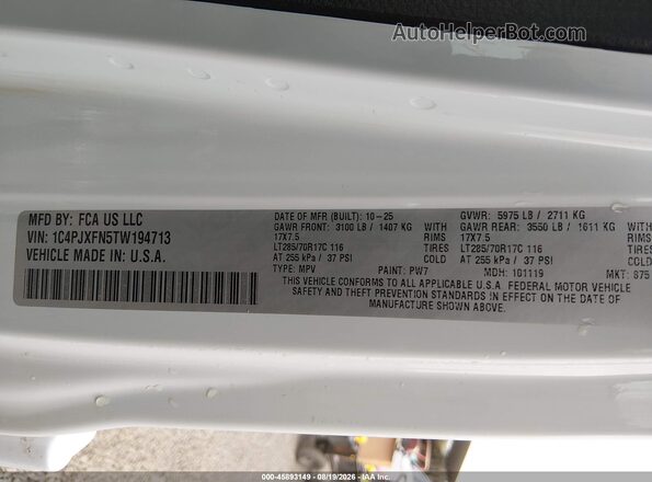 1C4PJXFN5TW194713 2026 JEEP WRANGLER Белый Вид подкапотного пространства