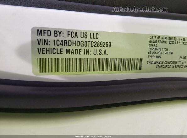 1C4RDHDG0TC289269 2026 DODGE DURANGO White Շարժիչի բաժամունքի տեսք