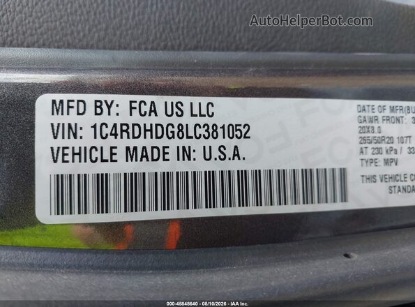 1C4RDHDG8LC381052 2020 DODGE DURANGO Gray Widok naklejki z numerem VIN