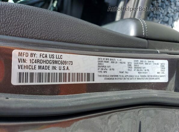 1C4RDHDG9MC609173 2021 DODGE DURANGO Charcoal Widok naklejki z numerem VIN