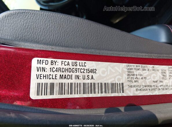 1C4RDHDG9TC215462 2026 DODGE DURANGO Красный Вид подкапотного пространства