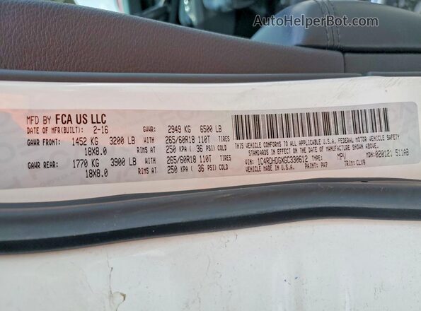 1C4RDHDGXGC330612 2016 DODGE DURANGO White Вид наклейки з VIN-кодом