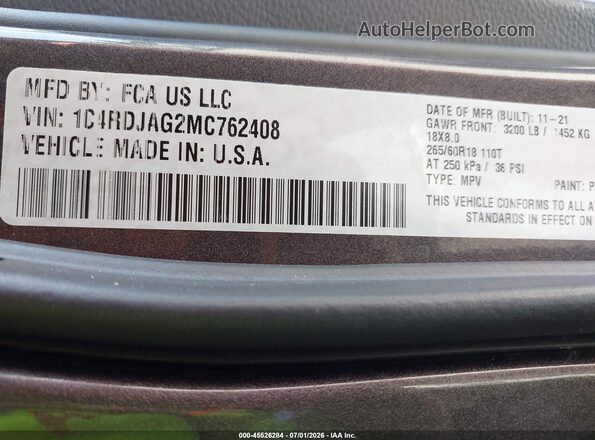 1C4RDJAG2MC762408 2021 DODGE DURANGO Gray Engine compartment view