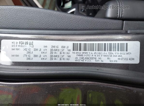 1C4RDJAG6KC839746 2019 DODGE DURANGO Gray Widok komory silnika
