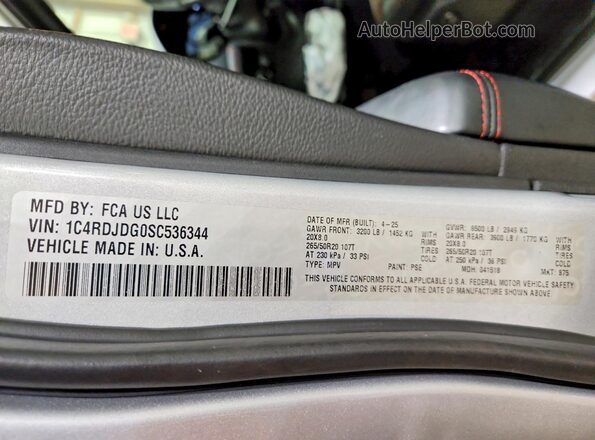 1C4RDJDG0SC536344 2025 DODGE DURANGO Silver Вид наклейки з VIN-кодом