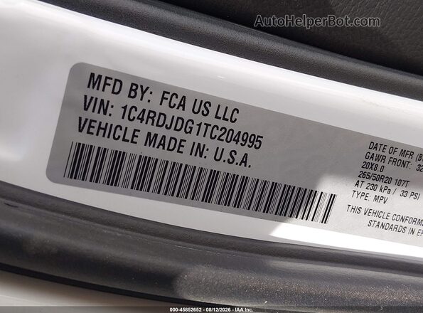 1C4RDJDG1TC204995 2026 DODGE DURANGO White Widok komory silnika