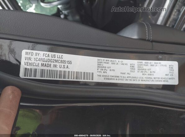 1C4RDJDG2MC805155 2021 DODGE DURANGO Black Widok komory silnika