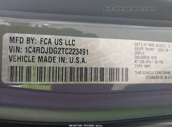 1C4RDJDG2TC223491 2026 DODGE DURANGO Серый Вид подкапотного пространства