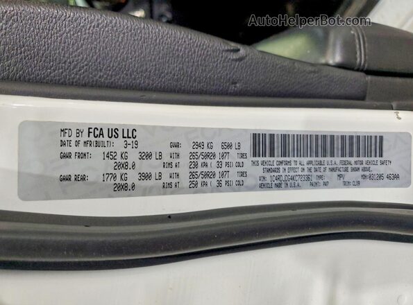 1C4RDJDG4KC723361 2019 DODGE DURANGO White Widok naklejki z numerem VIN