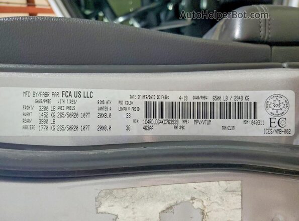 1C4RDJDG4KC763939 2019 DODGE DURANGO Silver 