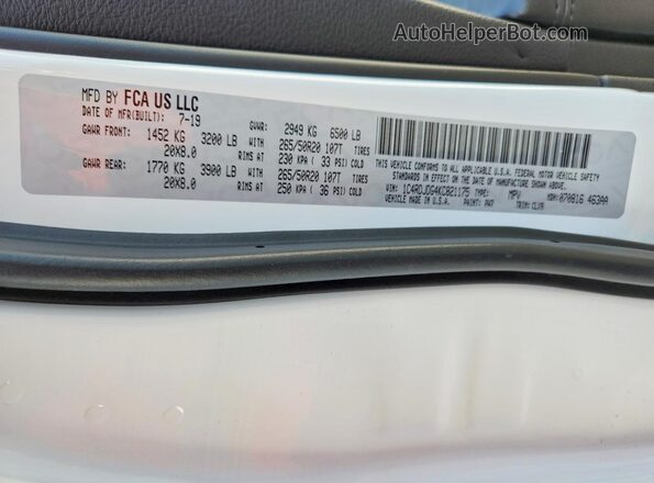 1C4RDJDG4KC821175 2019 DODGE DURANGO White Widok wnętrza 360 stopni