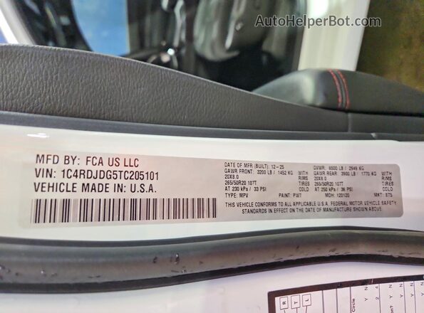 1C4RDJDG5TC205101 2026 DODGE DURANGO White Панорамний вид салону 360°