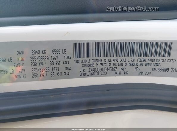 1C4RDJDG6JC445187 2018 DODGE DURANGO White Շարժիչի բաժամունքի տեսք