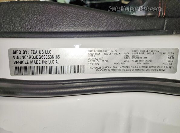 1C4RDJDG6SC536185 2025 DODGE DURANGO Белый Вид наклейки с VIN-кодом