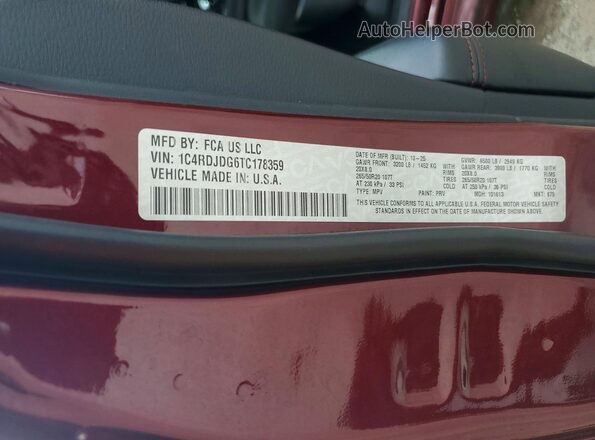 1C4RDJDG6TC178359 2026 DODGE DURANGO Red Vista de la etiqueta del VIN