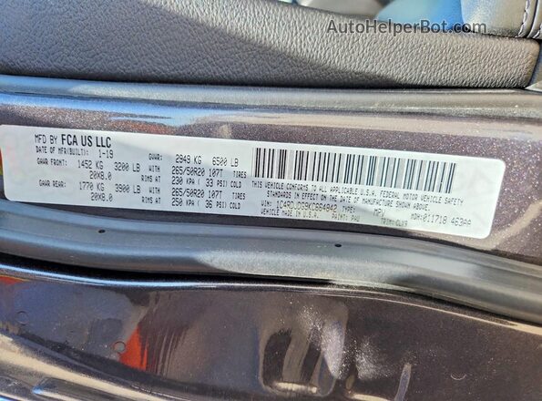 1C4RDJDG9KC664842 2019 DODGE DURANGO Угольный Вид наклейки с VIN-кодом