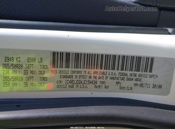 1C4RDJDGXJC154434 2018 DODGE DURANGO White Вид підкапотного простору