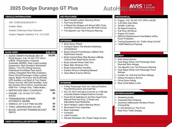 1C4RDJDGXSC518711 2025 DODGE DURANGO Gray VIN კოდის სტიკერის ხედი