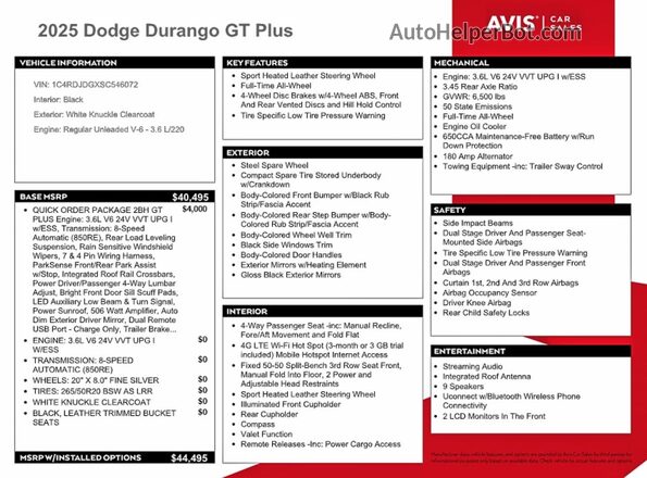 1C4RDJDGXSC546072 2025 DODGE DURANGO White Вид наклейки з VIN-кодом