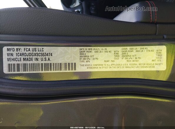 1C4RDJDGXSC553474 2025 DODGE DURANGO Gray Widok komory silnika