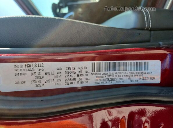 1C4RDJEG8JC262257 2018 DODGE DURANGO Maroon Vista de la etiqueta del VIN