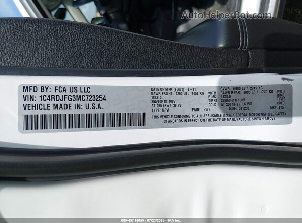 1C4RDJFG3MC723254 2021 DODGE DURANGO Белый Вид подкапотного пространства