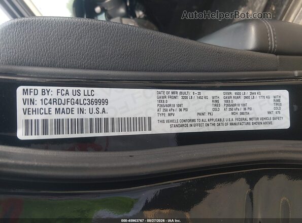 1C4RDJFG4LC369999 2020 DODGE DURANGO Black ძრავის განყოფილების ხედი