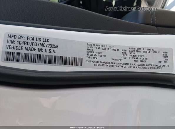 1C4RDJFG7MC723256 2021 DODGE DURANGO White Widok komory silnika