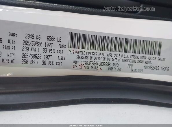 1C4RJEAG4KC832696 2019 JEEP GRAND CHEROKEE White Vista del compartimento del motor