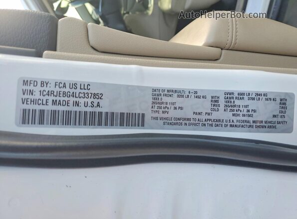 1C4RJEBG4LC337852 2020 JEEP GRAND Белый Панорамный вид салона 360°