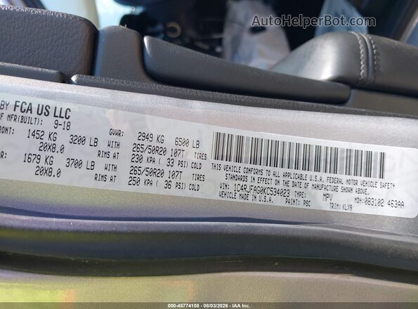 1C4RJFAG0KC534023 2019 JEEP GRAND CHEROKEE Silver Շարժիչի բաժամունքի տեսք