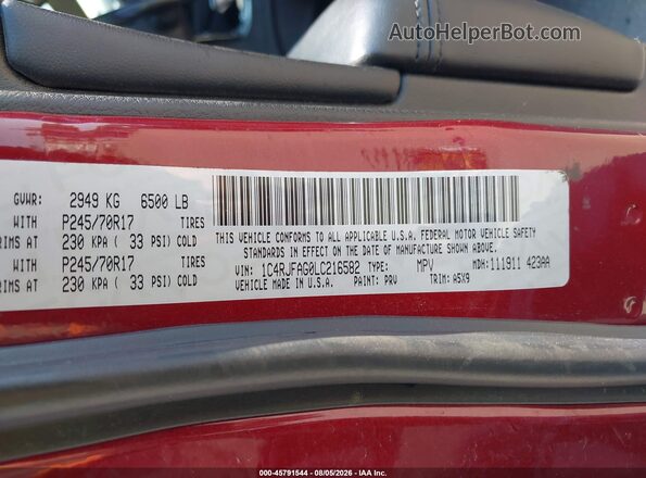 1C4RJFAG0LC216582 2020 JEEP GRAND CHEROKEE Red ძრავის განყოფილების ხედი
