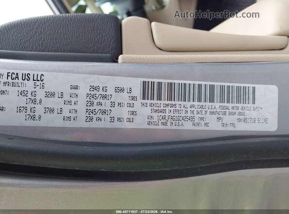 1C4RJFAG1GC425495 2016 JEEP GRAND CHEROKEE Silver ძრავის განყოფილების ხედი