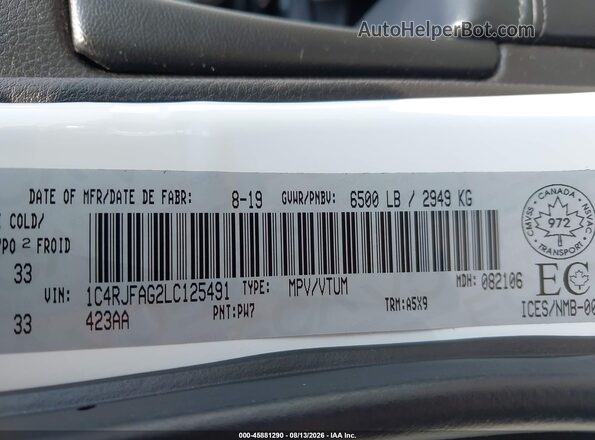 1C4RJFAG2LC125491 2020 JEEP GRAND CHEROKEE Белый Вид подкапотного пространства