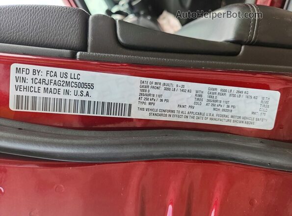 1C4RJFAG2MC500555 2021 JEEP GRAND Red VIN sticker view