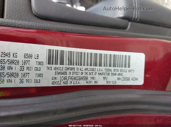 1C4RJFAG4KC600590 2019 JEEP GRAND CHEROKEE Burgundy ძრავის განყოფილების ხედი